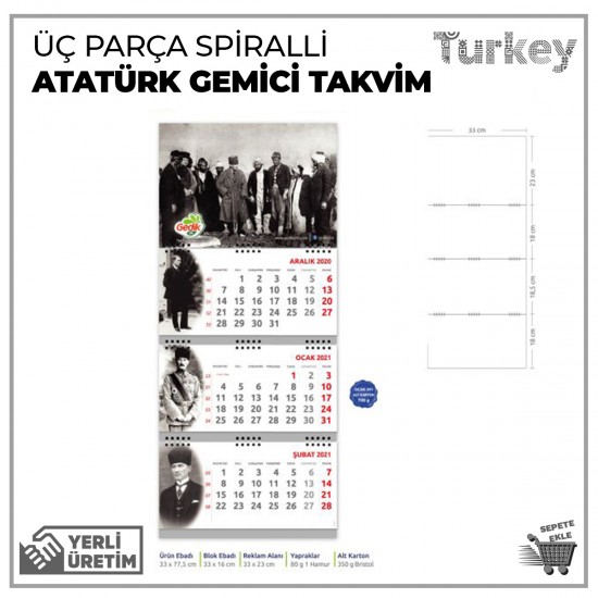 Atatürk Gemici Takvim Üç Parça Spiralli